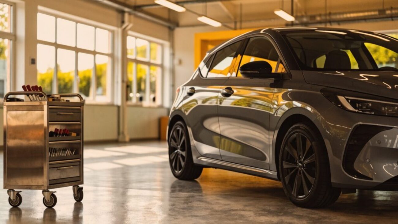 Moderner Kleinwagen in einer hellen Werkstatt als Sinnbild für die Peugeot Garantieverlängerung